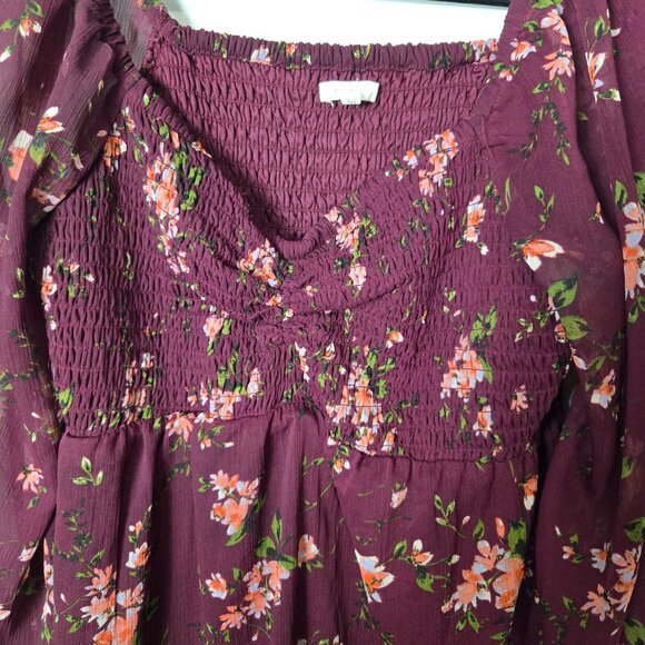 Maurices Size M Floral Arbor Smocked Berry Wine Long Puff Sleeve Dress Knee Leng - Picture 8 of 12